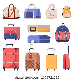 Bolsos de viaje: maletas, mochila de manija, perilla de carrito de plástico, maletín de moda para el viaje. Equipaje para niños o adultos, mochilas de senderismo. Ilustración vectorial plana para el turismo