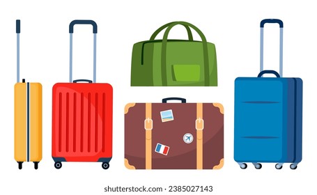 Bolsos de viaje, listos. Caso turístico con pegatinas. Viaje y equipaje de aventura. Bolsa de viaje con ruedas con mano. Maleta de viaje de plástico. Ilustración del vector