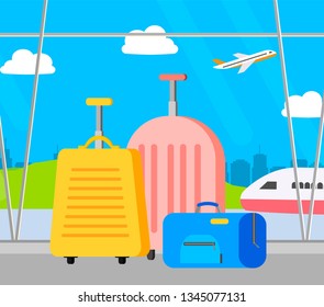 Travel bags and suitcases at the airport. Summer vacation concept. Baggage or luggage in terminal waiting area