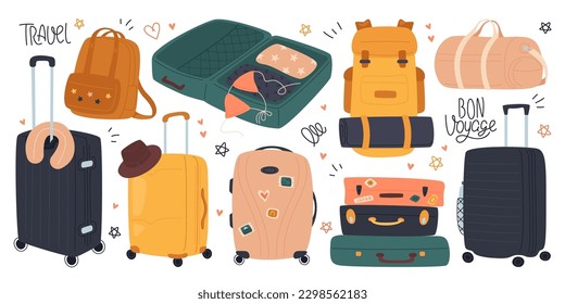 Travel bags and suitcases flat illustrations set. Carry-on luggage, rolling spinner baggage, travel totes, tourist backpack and gym bags. Design elements