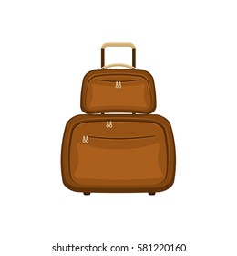 Travel bags suitcases on isolated white background. Summer brown travel handle luggage. Modern travel concept. Flat vector icon illustration.