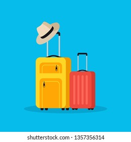 Travel bags and summer hat. Vacation concept. Travel. Flat style. Vector