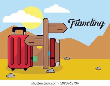 travel bags with trip road sign and desert