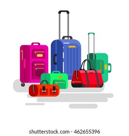 Travel bags in various colors. Luggage suitcase isolated on white background