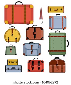 Travel bags in various colors on a white background