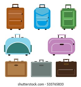 Travel bags vector. Travel bags business packing handle voyage isolated on white background. Departure summer traveler trip baggage travel bags collection. Adventure handbag or luggage.