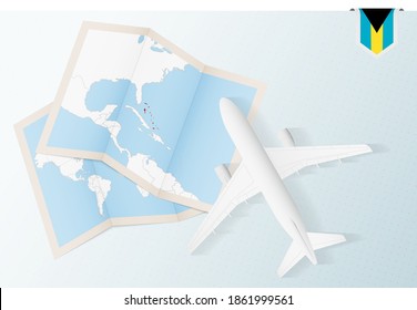 Travel to The Bahamas, top view airplane with map and flag of The Bahamas. Travel and tourism banner design.
