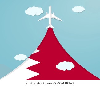 Travel to Bahrain by flight, destination concept, vacation in Bahrain, plane vector design, paper cut effect with blue sky and airplane, summer trip idea, country tourism banner