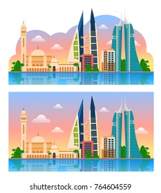 Travel to Bahrain. Manama. Beautiful morning panoramic view. Vector illustration.