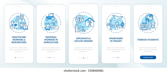 Travel ban exemption categories onboarding mobile app page screen with concepts. Service optimization walkthrough 5 steps graphic instructions. UI vector template with RGB color illustrations