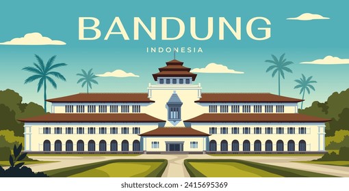 Travel to Bandung poster. Landscape with architectural landmarks of Indonesian Gedung Sate. Summer vacation, tourism or journey. Panorama with buildings of Asian town. Cartoon flat vector illustration