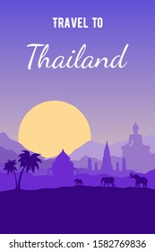 Travel to Bangkok, Thailand and Asia. Mountain sunset landscape with architectural landmarks, Buddha, elephants and palm tree. Concept of tourist trips, outdoor adventures. Flat vector illustration.