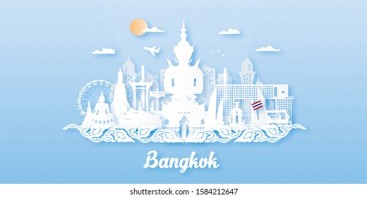 Travel Bangkok Thailand postcard, poster, tour advertising of world famous landmarks in paper cut style. Vectors illustrations