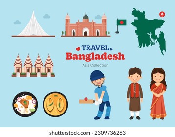 Travel Bangladesh flat icons set. Bangladeshi element icon map and landmarks symbols and objects collection. Vector Illustration