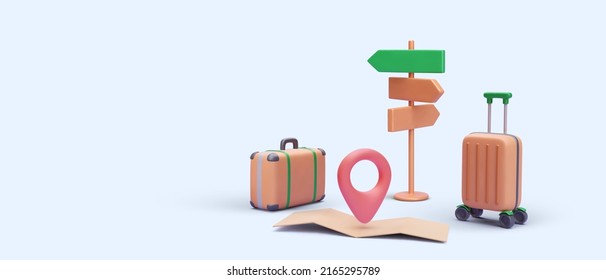 Travel banner in 3d realistic style with suitcase, valise, pointer, map. Vector illustration