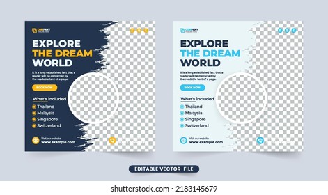 Travel banner for business advertisement vector. Vacation planner agency promotion template. Tour and travel social media post design. Touring agency poster with dark blue and white colors.