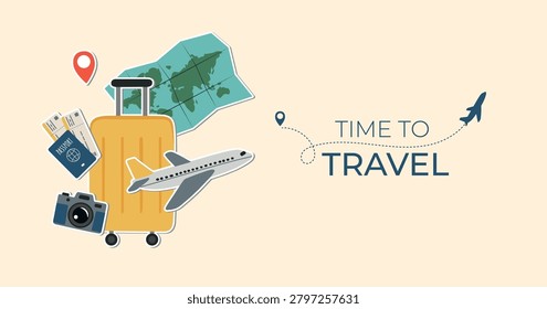 Travel banner concept vector illustration. Flat cartoon icons of airplane, yellow suitcase, passport, camera, and world map with 