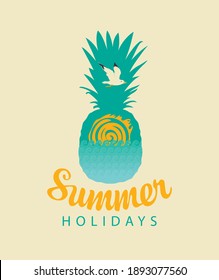 Travel banner with a decorative pineapple, sun, seagull and inscription Summer holidays on a light background in retro style. Vector summer poster, flyer, invitation, card, t-shirt design