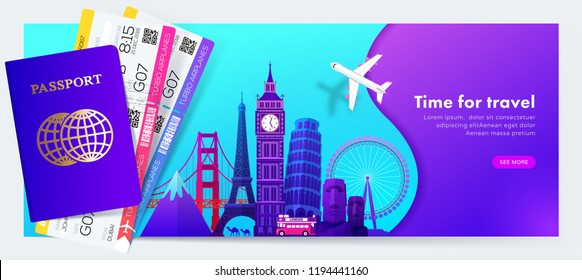 Travel banner design with famous landmarks in modern gradient style for travel or tourism website,  passport with tickets. Vector illustration