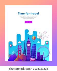 Travel banner design with famous landmarks in modern gradient style for travel or tourism website. Vector illustration