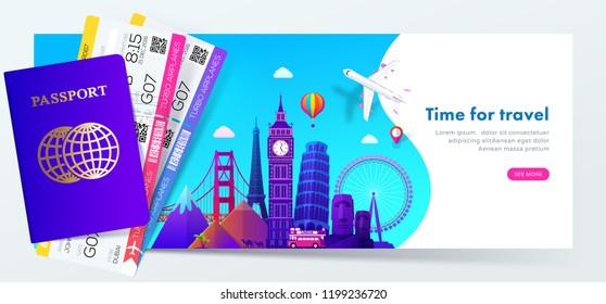 Travel banner design with famous landmarks in modern gradient style for travel or tourism website,  passport with tickets. Vector illustration