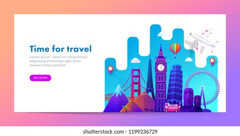 Travel banner design with famous landmarks in modern gradient style for travel or tourism website. Vector illustration