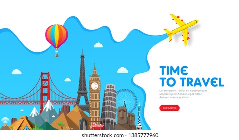 Travel banner design with famous landmarks for popular travel blog, landing page or tourism website. Minimal flat style. Vector illustration