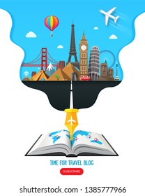 Travel banner design with famous landmarks for popular travel blog or tourism website. Online travel journal. Vector illustration