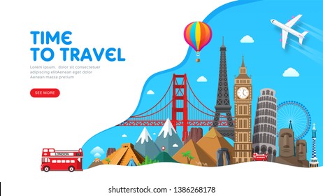 Travel banner design with famous landmarks for popular travel blog, landing page or tourism website. Minimal flat style. Vector illustration