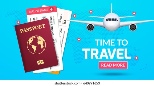 Travel banner design. Vacation business trip offer concept. Vector tourist illustration with passport, ticket, airplane. Travel background.