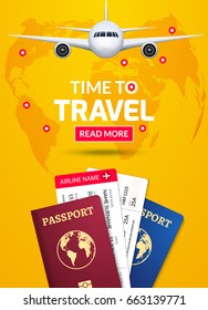 Travel banner design. Vacation business trip offer concept. Vector tourist illustration with passport, ticket, airplane. Travel background.