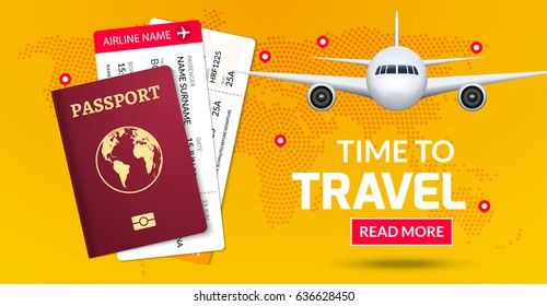 Travel banner design. Vacation trip offer concept. Vector tourist illustration with passport, ticket, airplane. Travel background.