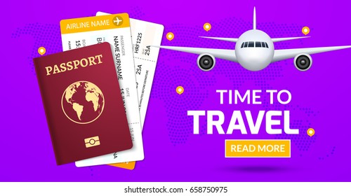 Travel banner design. Vacation trip offer concept. Vector tourist illustration with passport, ticket, airplane. Travel background.