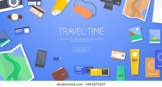 Diseño de banner de viaje, sitio web, plantilla de página web. Viaje de vacaciones, tour de vacaciones, viaje, antecedentes publicitarios. Turismo, promoción de viajes con billetes, pasaporte, cámara, mapa. Ilustración vectorial plana