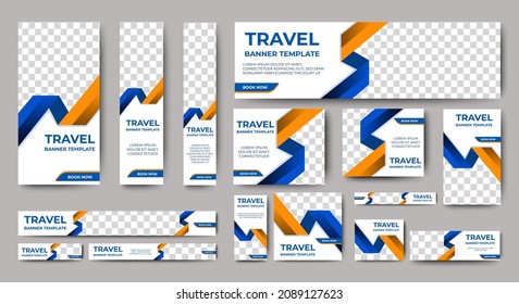 Travel banner design web template Set, Horizontal header web banner. Modern Gradient Blue cover header background for website design, Social Media Cover ads banner, flyer, invitation card