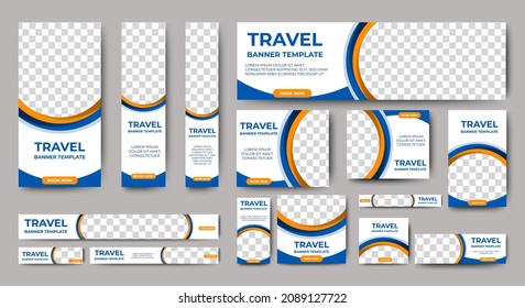 Travel banner design web template Set, Horizontal header web banner. Modern Gradient Blue cover header background for website design, Social Media Cover ads banner, flyer, invitation card