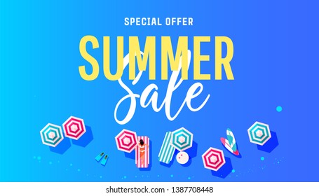 Travel banner, discounts for promotions with large swimming pool with summer vacationers