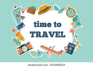 Travel banner with elements. Travel and summer concept. Background of travel objects isolated on blue and place for text. Hand drawn flat illustration.