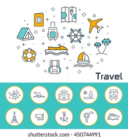Travel banner in flat style. Outline vector icons.