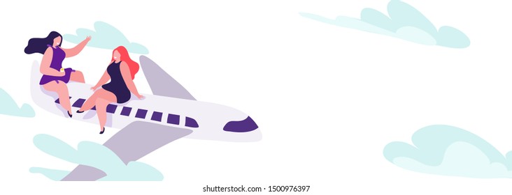 Travel banner, girls on plane fly in the sky, design concept in modern flat style. Horizontal poster, header for website, vector illustration
