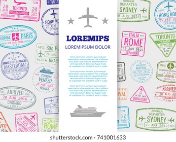 Travel Banner With Grunge Passport Stamps Background. Vector Stamp Mark Travel And Vacation Illustration