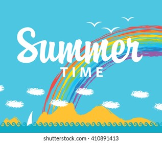 Travel banner with the inscription of the summer time and seascape with mountains and a rainbow