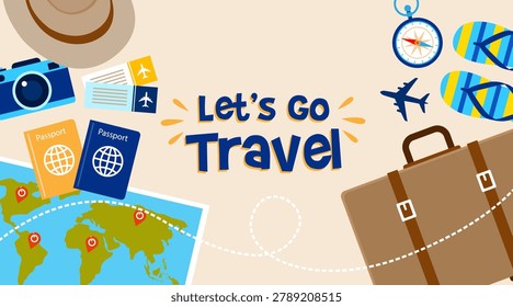 travel banner with Let's Go Travel text typography surrounded by vacation items like suitcases, passports, camera, and map. Vector background layout for holiday tour and agency promotions.