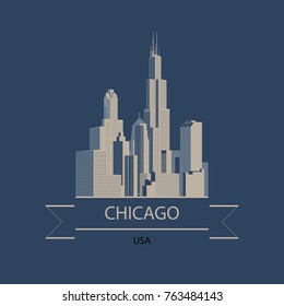 Travel banner or logo of Chicago and USA with the modern buildings silhouette. Vector illustration