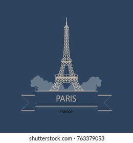 Travel banner or logo of Paris and France with landmarks. Eiffel Tower silhouette. Vector illustration