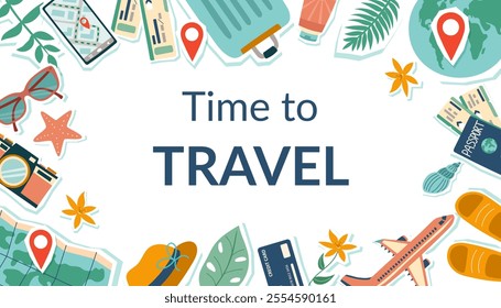 Travel banner with travel objects and copy space in the center. Vacation and travel concept background. Travel template.