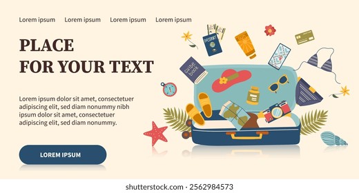 Travel banner with opened suitcase and flying travel objects around. Concept of family travel, vacation, business trip. Vector hand drawn flat style background.