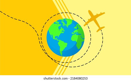 Travel. Banner Orange And Yellow Background, Planet Earth And Plane Trajectory