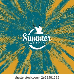  travel banner with palm tree, seagull and words Summer Paradise on old paper background. Suitable for poster, flyer, invitation or vintage postcard, t-shirt design, music cover. No AI used