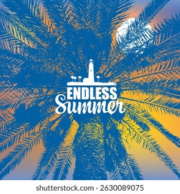 Travel banner with palm tree, sun, lighthouse and words Summer Endless on old paper background. Suitable for poster, flyer, invitation or vintage postcard, t-shirt design, music cover. No AI used